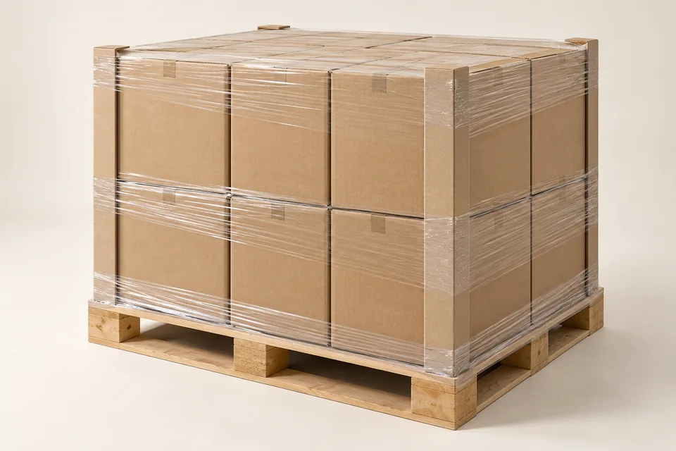 Thùng carton xếp trên pallet với nẹp góc và lớp giữ kiện
