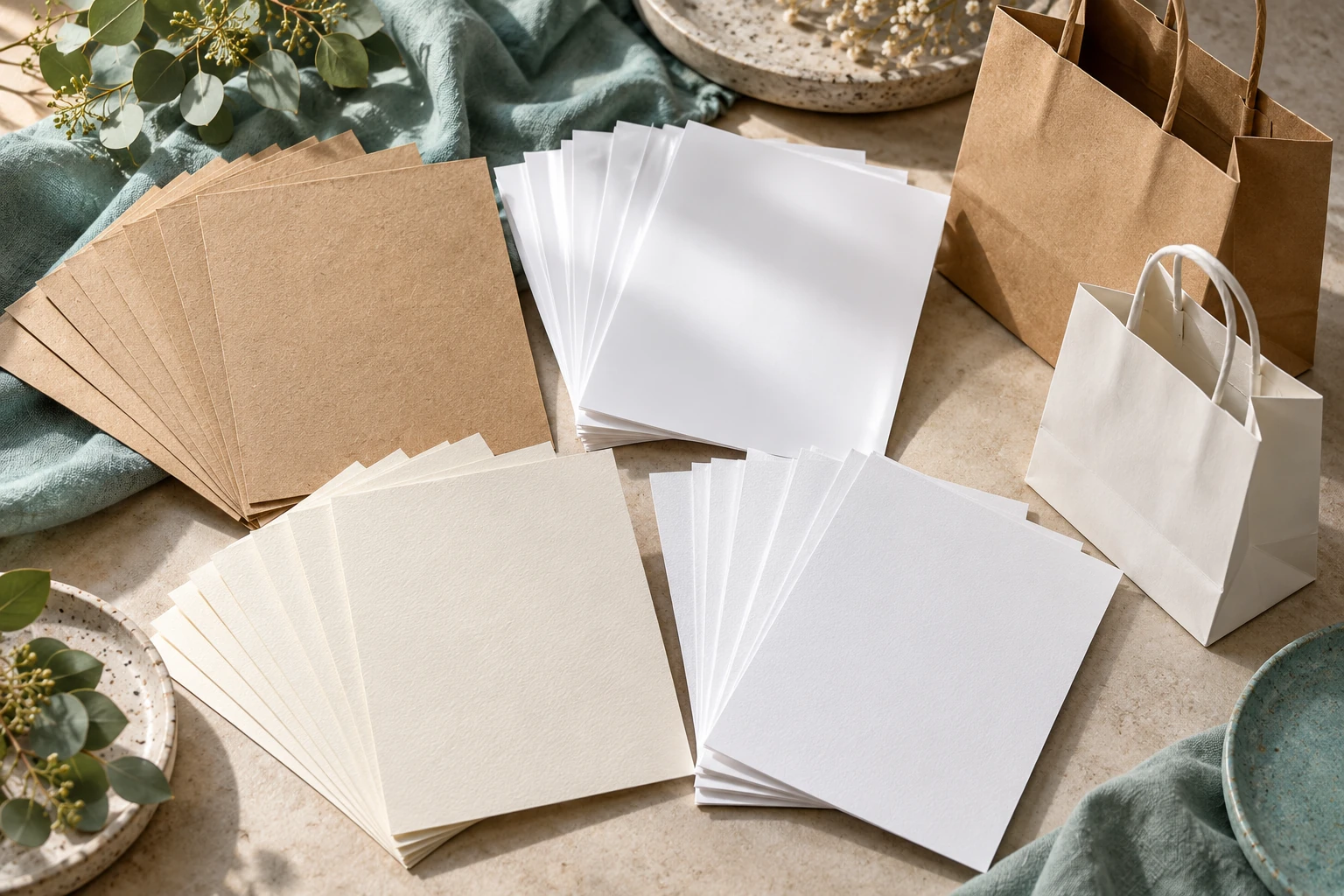Các mẫu giấy kraft nâu, giấy trắng tráng phủ và giấy bìa đặt cạnh túi mẫu