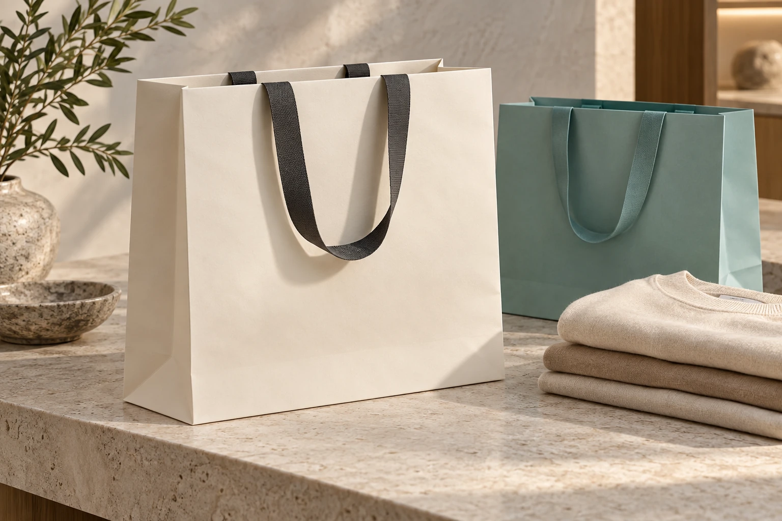 Túi giấy cao cấp màu trắng ngà đặt cạnh quần áo gấp gọn trong không gian boutique