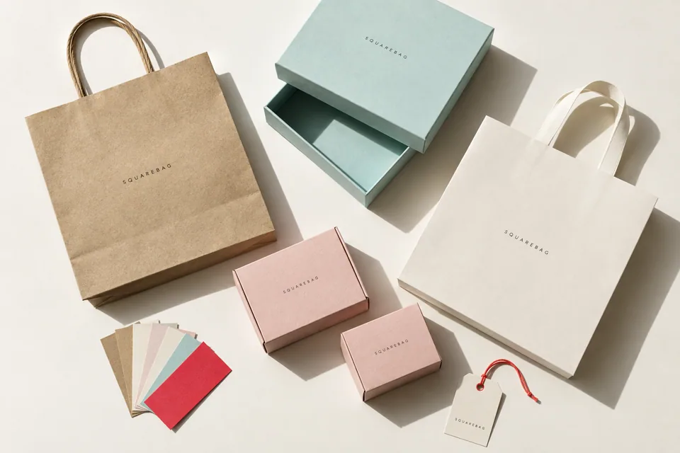 Bộ túi giấy, hộp và bảng màu vật liệu mang nhận diện SquareBag