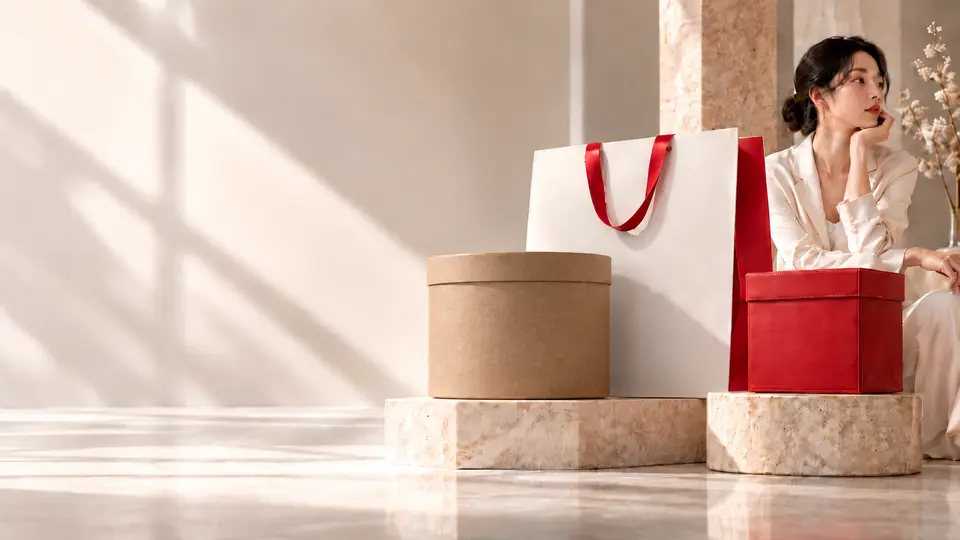 Bộ túi giấy và hộp quà cao cấp bên người mẫu nữ châu Á