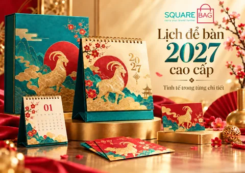 Poster lịch Tết 2027 cao cấp với lịch để bàn, túi giấy và bao lì xì họa tiết dê vàng
