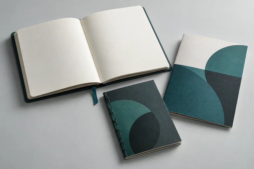 Sổ tay mở trên bàn cùng một booklet đóng chỉ và brochure theo phong cách hiện đại
